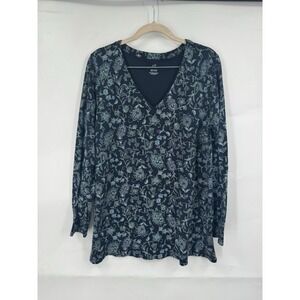 J.Jill Pima Cotton Floral Long Sleeve Top Women M Navy Blue Cottage Bohemian